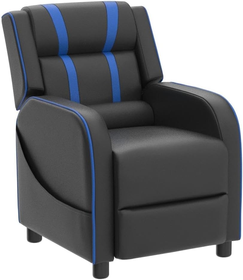 Costzon Kids Recliner, Gaming Recliner Chair w/Side Pockets, Footrest, Headrest & Lumbar Support for Kids Room & Play Room, Adjustable Racing Style Leather Sofa for Children Boys Girls (Blue, Black)