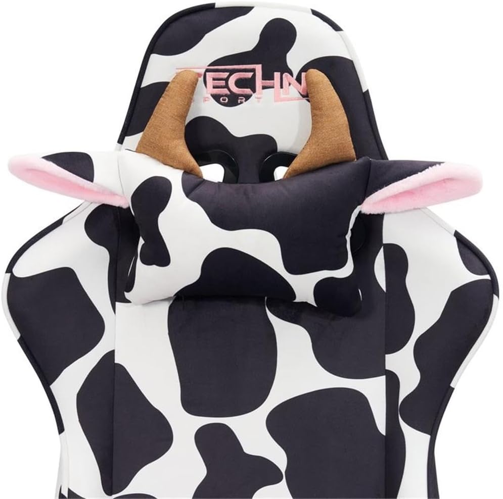 Pemberly Row Modern Gaming Chair, Cow Print Velvet-Like Fabric, Black/White, Adjustable Arms, 150° Recline, Memory Foam Seat, Lumbar Pillow, Durable Nylon Base, 250 lb Capacity, Home or Office Use