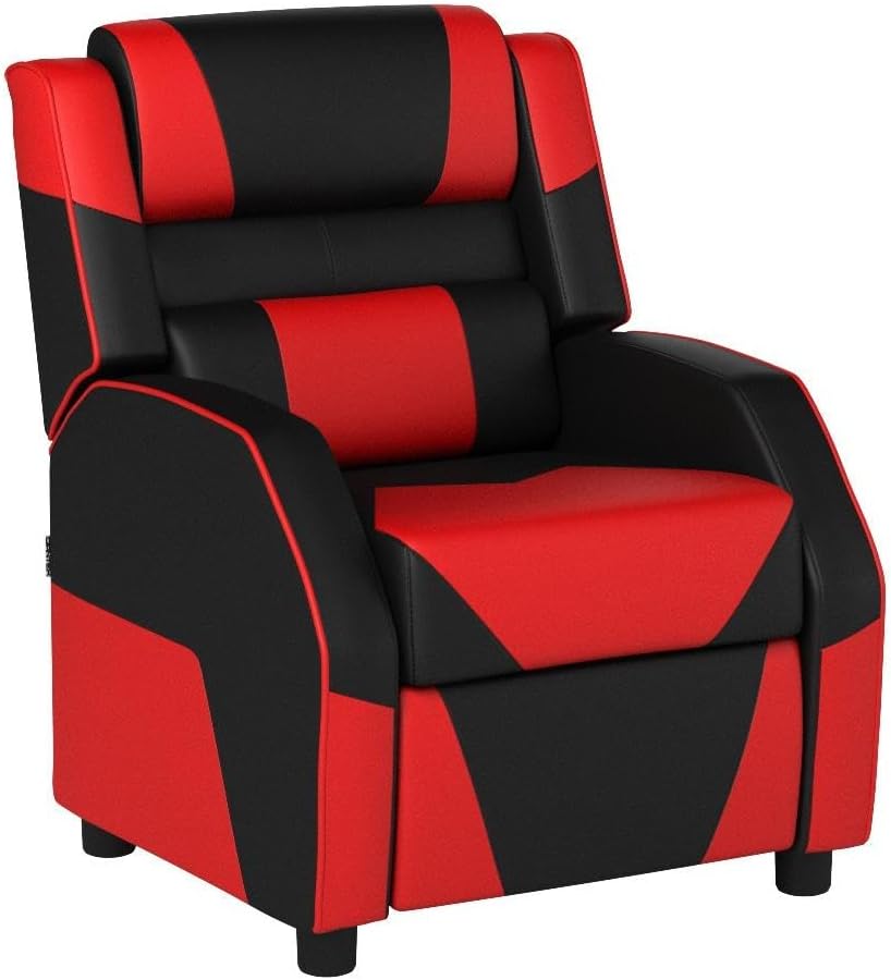 Giantex Kids Recliner, Gaming Recliner Chair with Footrest, Headrest & Lumbar Support, Ergonomic Leather Lounge Chair Toddler Furniture, Adjustable Racing Style Recliner Sofa for Boys Girls, Red