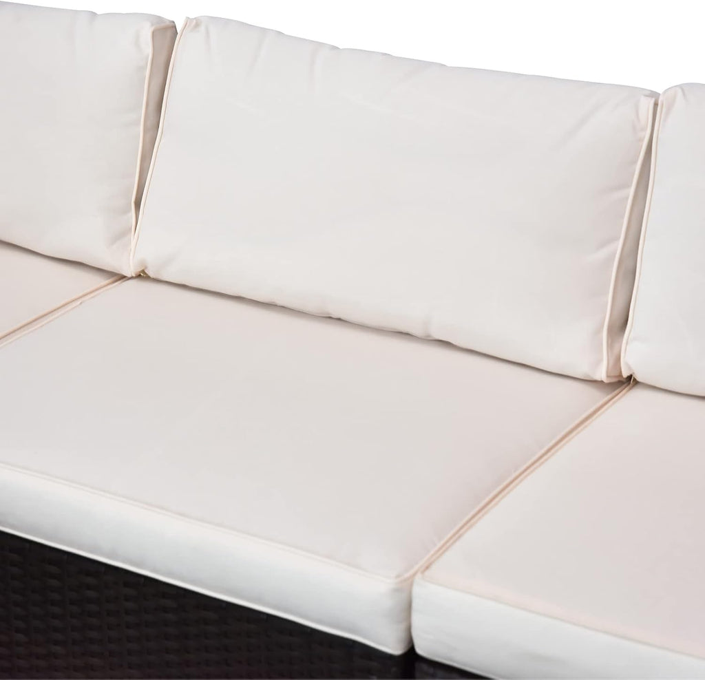 Outsunny 5-Piece Patio Furniture Set with Cushions, Outdoor PE Rattan Wicker Sofa Set, Sectional Furniture with Pillows, Glass Coffee Table for Garden, Backyard, Brown/Cream White