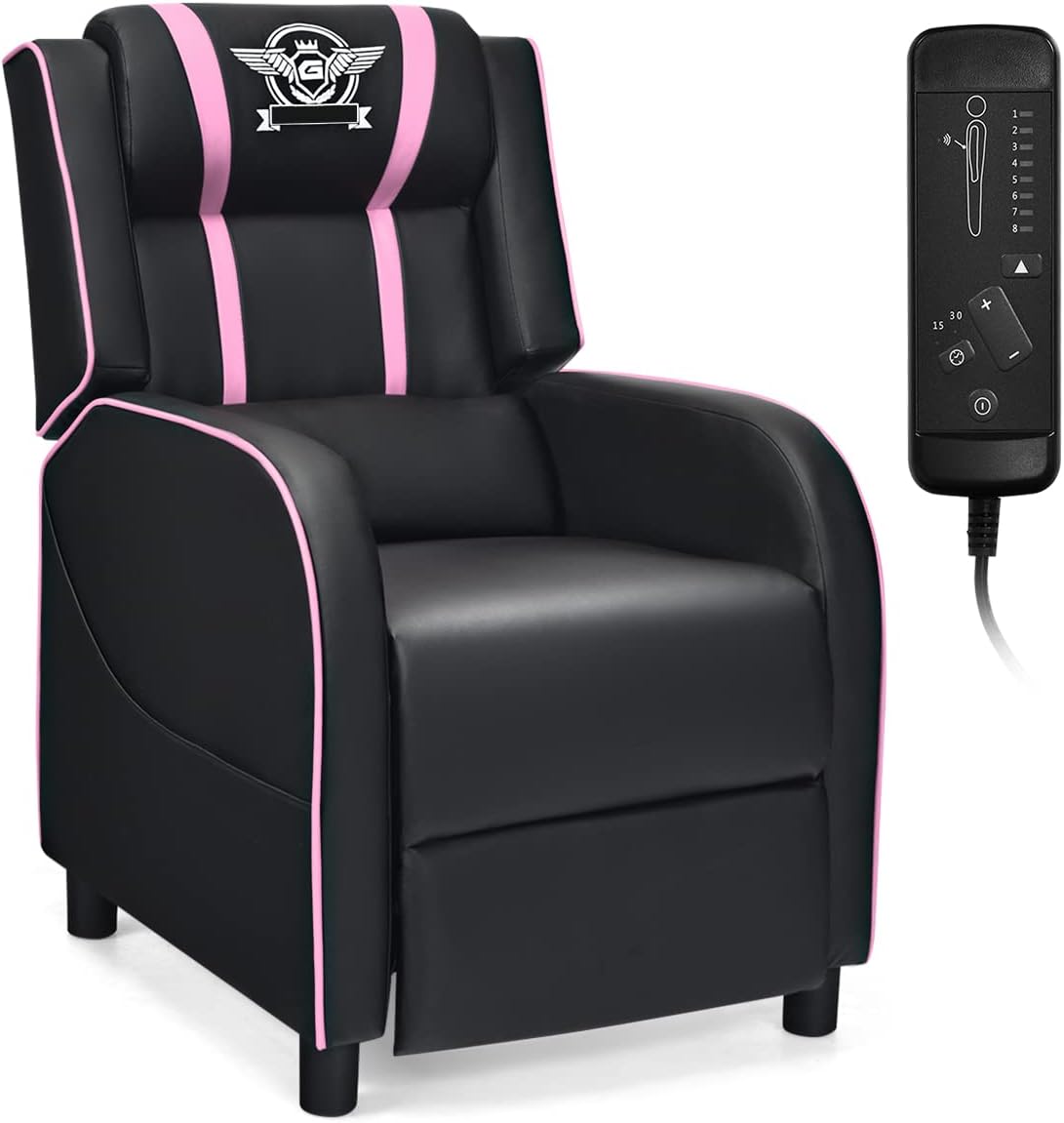 Giantex Gaming Recliner Chair, Adjustable Massage Gaming Chairs for Adults, Ergonomic Comfortable Lounge Leather Sofa w/Footrest, Remote Control & Side Pocket, Racing Style Single Sofa Recliners, Pink