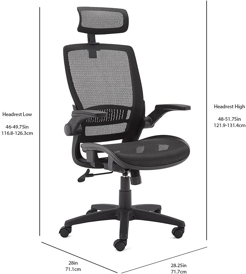 Amazon Basics Ergonomic High-Back Office Chair, Breathable Mesh, 360° Swivel, Easy to Assemble, Comfortable Flip-Up Armrests, 25.5'D x 26.25'W x 49.25'H, Black