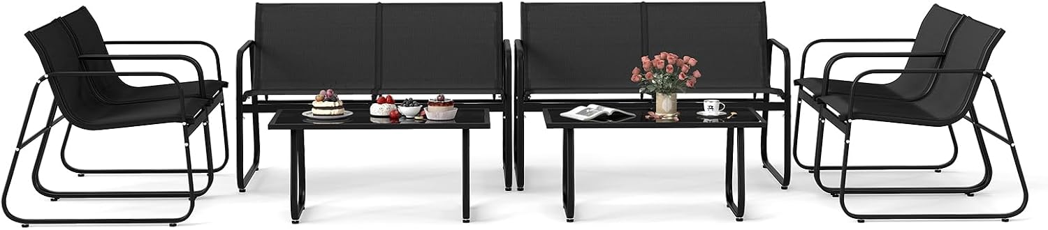 Tangkula 8 Piece Patio Furniture Set, Outdoor Metal Conversation Chair & Coffee Table Set with Mesh Seat Fabric & Tempered Glass Tabletop, Outside Bistro Set for Backyard, Porch, Poolside (Black)