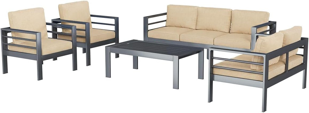 AECOJOY Aluminum Patio Furniture Set, 7 Seats Modern Outdoor Furniture with Coffee Table, 5 Pieces Metal Conversation Sectional Sofa, Beige