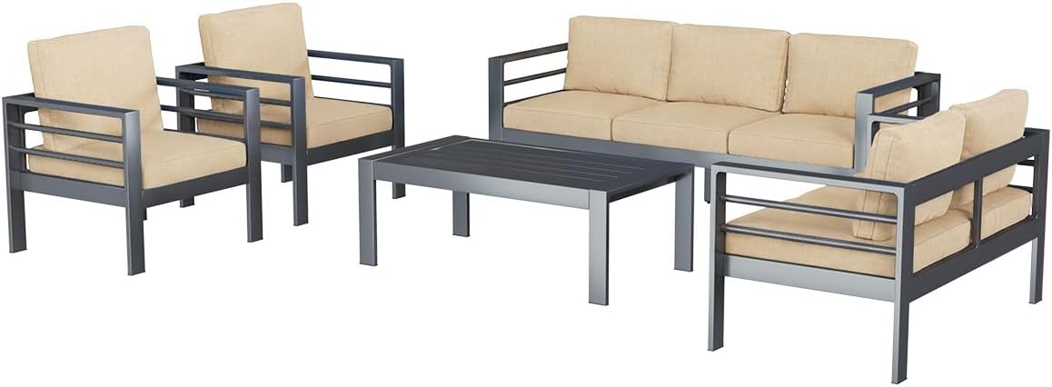 AECOJOY Aluminum Patio Furniture Set, 7 Seats Modern Outdoor Furniture with Coffee Table, 5 Pieces Metal Conversation Sectional Sofa, Beige