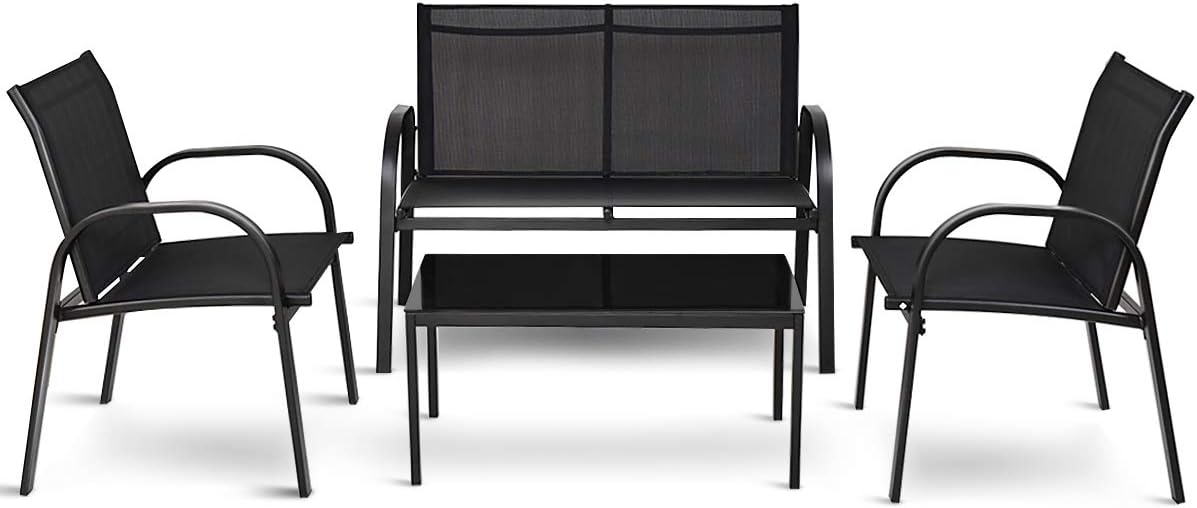 Tangkula 4 Pieces Patio Furniture Set, Metal Frame Heavy Duty Outdoor Conversation Set, Includes Glass Top Coffee Table, 2 Armrest Chairs and Loveseat, Suitable for Lawn Garden Porch Balcony Backyard