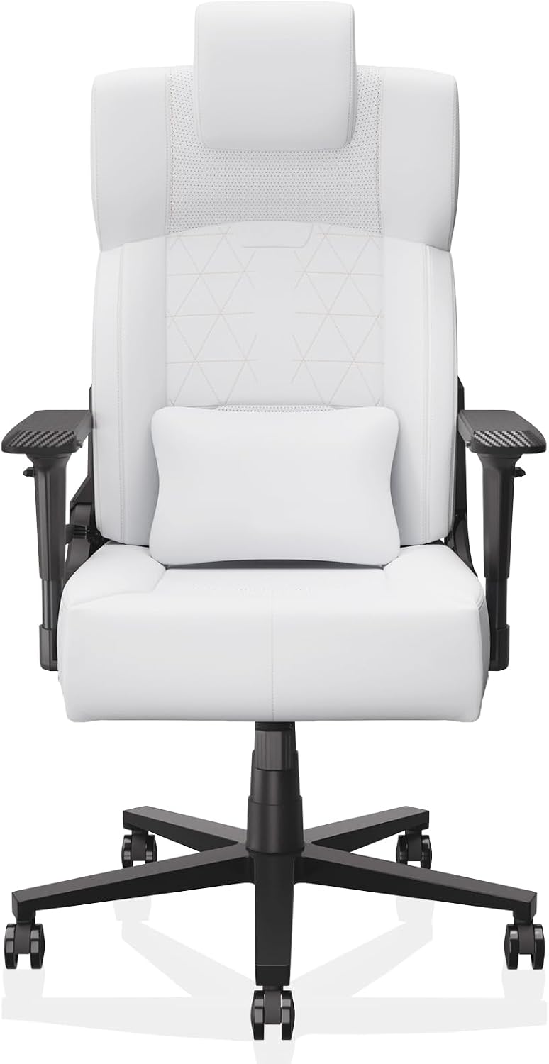 Gaming Chair Big and Tall for Adults,Ergonomic Comfortable Wide Office Chair with Lumbar Support,Desk Computer Chair High Back 155° Recline with Angle Lock,PU,White