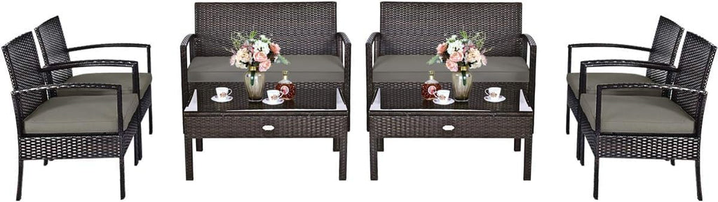 HAPPYGRILL 8-Piece Patio Furniture Set, Garden Pool Lawn Rattan Wicker Conversation Set, Loveseat Sofa Cushioned Seat & Glass Top Coffee Table