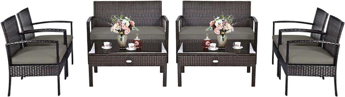 HAPPYGRILL 8-Piece Patio Furniture Set, Garden Pool Lawn Rattan Wicker Conversation Set, Loveseat Sofa Cushioned Seat & Glass Top Coffee Table