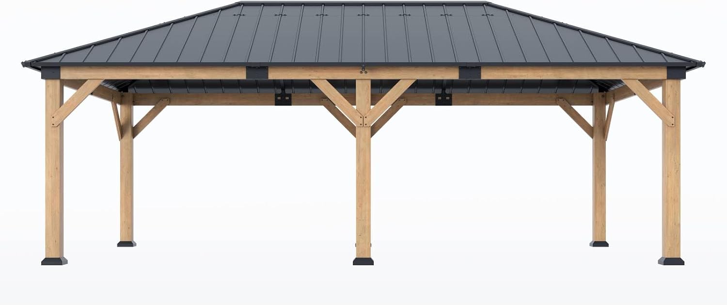 12x20 ft Cedar Wood Gazebo, Hardtop Gazebo with Galvanized Steel Double Roof, Heavy Duty Pavilion for Patio Lawn and Garden