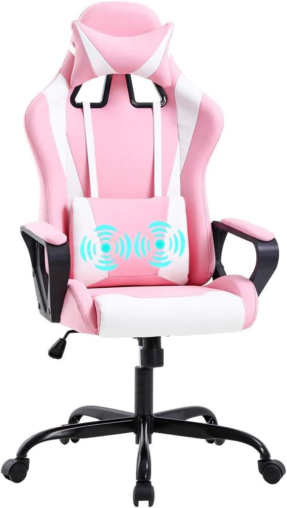 PC Gaming Chair Office Chair Racing Desk Chair with Lumbar Support Arms Headrest Massage High Back PU Leather Ergonomic Computer Chair Rolling Adjustable Swivel Chair for Women Men Adult, Pink