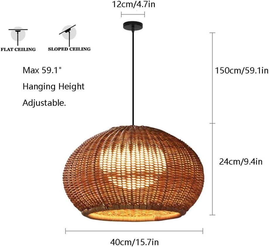 Plastic Rattan Pendant Lamp Shade Wicker Hanging Light Fixture E27 with Adjustable Cord Industrial Vintage Japanese-Style Hanging Lamp Garden Pavilion Farmhouse Restaurant Landscape Light