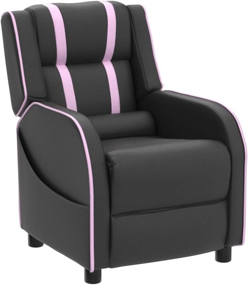 Costzon Kids Recliner, Gaming Recliner Chair w/Side Pockets, Footrest, Headrest & Lumbar Support for Kids Room & Play Room, Adjustable Racing Style Leather Sofa for Children Boys Girls (Pink, Black)