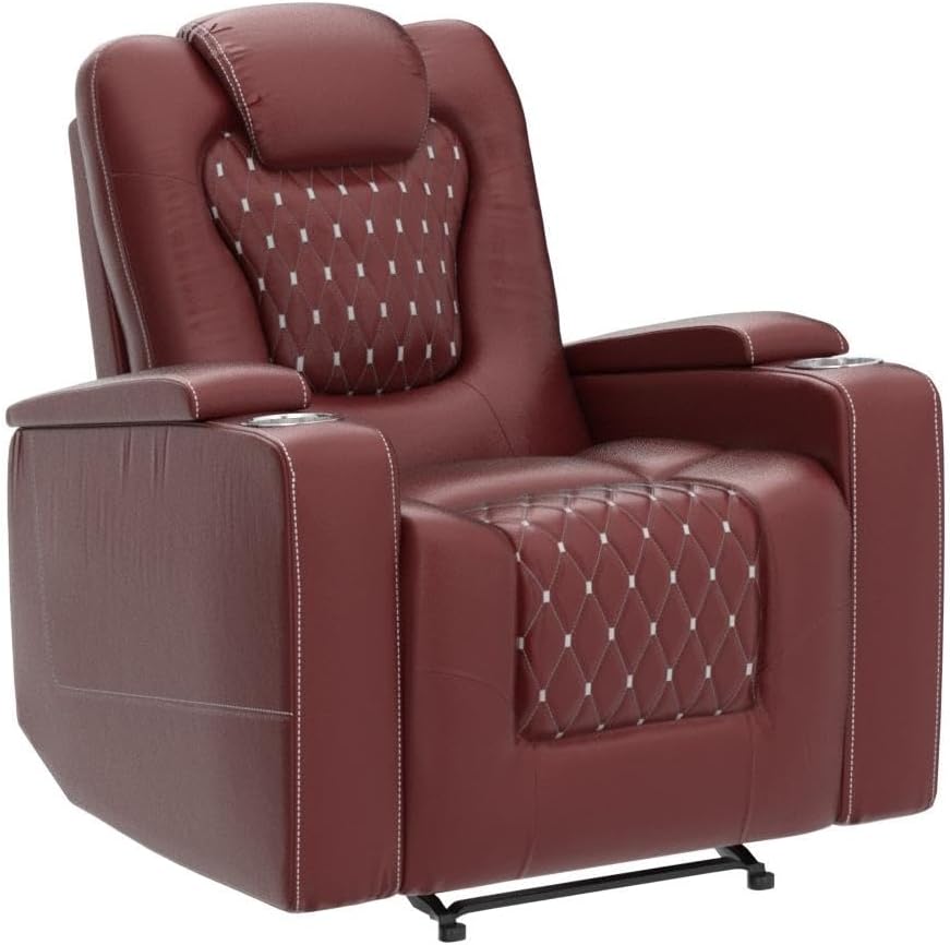 ANJ Power Recliner Chair Set of 3, Electric Soft Faux Leather Reclining Home Theater Seating - USB Ports, Cup Holders, Hidden Arm Storage Movie & Media Room Chairs (Red)