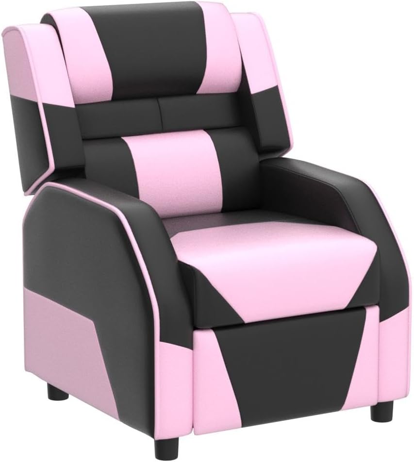 Giantex Kids Recliner, Gaming Recliner Chair with Footrest, Headrest & Lumbar Support, Ergonomic Leather Lounge Chair Toddler Furniture, Adjustable Racing Style Recliner Sofa for Boys Girls, Pink