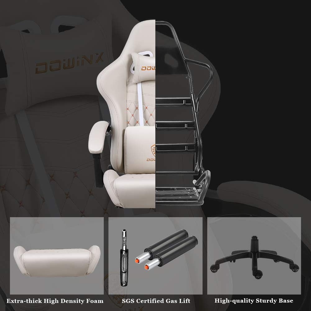 Dowinx Gaming Chair Big and Tall, Ergonomic Game Chair for Adults with Footrest and Massage Lumbar Support, High Back Computer Gamer Chair PU Leather, 350Lbs, for Office, Home, Ivory