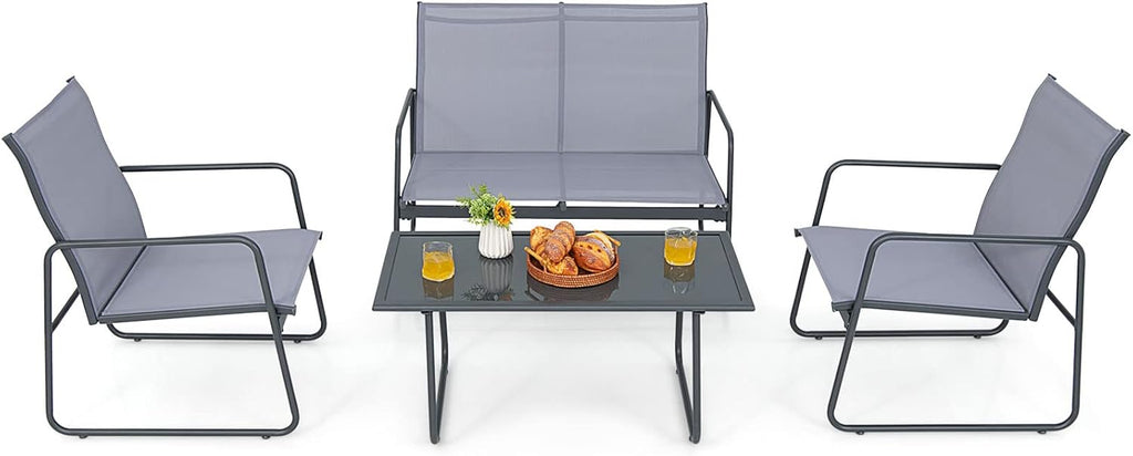 Tangkula 4 Pieces Patio Furniture Set, Outdoor Conversation Set with Tempered Glass Coffee Table, Metal Frame, Breathable Fabric, Indoor & Outdoor Chat Set of 4, for Patio, Poolside, Garden (Gray)