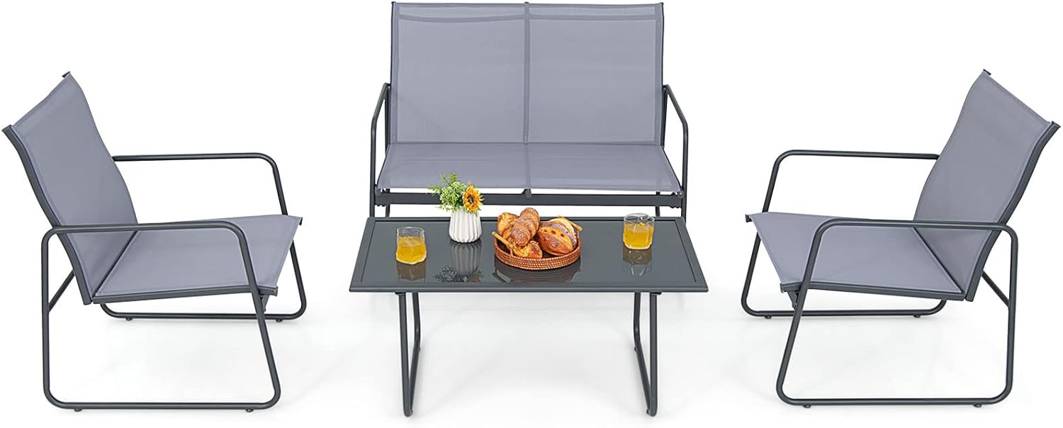 Tangkula 4 Pieces Patio Furniture Set, Outdoor Conversation Set with Tempered Glass Coffee Table, Metal Frame, Breathable Fabric, Indoor & Outdoor Chat Set of 4, for Patio, Poolside, Garden (Gray)