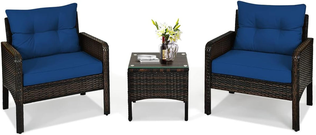HAPPYGRILL 3 Piece Patio Conversation Set Outdoor Rattan Wicker Furniture Set with Coffee Table & Chairs Patio Bistro with Seat Cushions for Garden Balcony Backyard Poolside