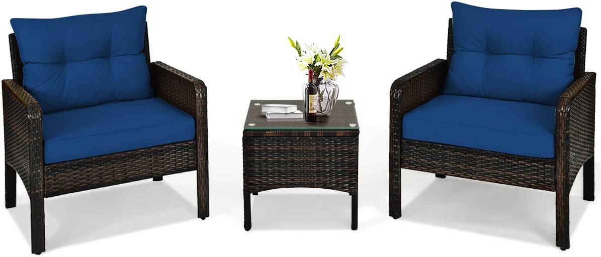 HAPPYGRILL 3 Piece Patio Conversation Set Outdoor Rattan Wicker Furniture Set with Coffee Table & Chairs Patio Bistro with Seat Cushions for Garden Balcony Backyard Poolside