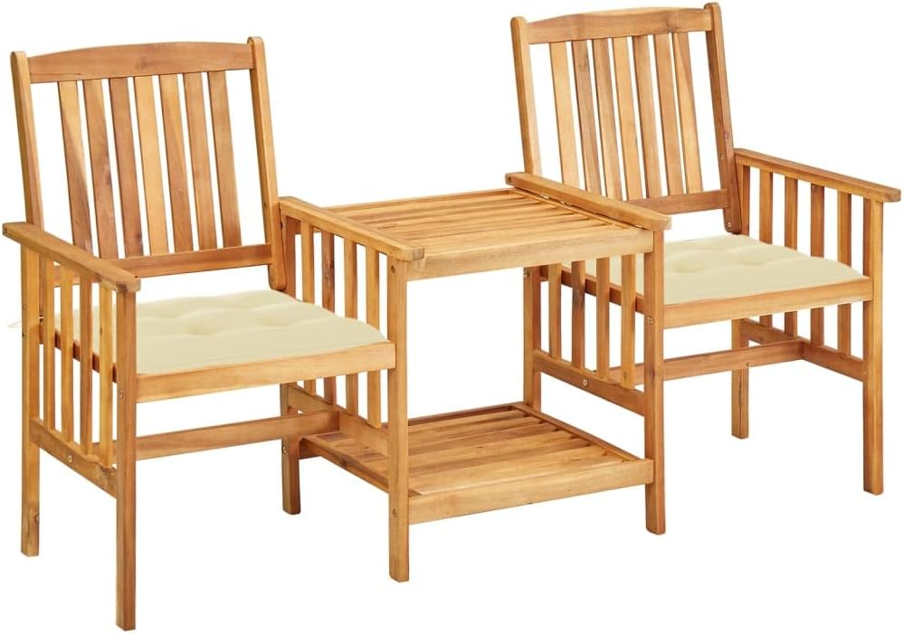 vidaXL Farmhouse Bistro Set, Patio Chairs with Tea Table & Cushions, Solid Acacia Wood Outdoor Furniture, Easy-Assembly