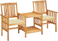 vidaXL Farmhouse Bistro Set, Patio Chairs with Tea Table & Cushions, Solid Acacia Wood Outdoor Furniture, Easy-Assembly