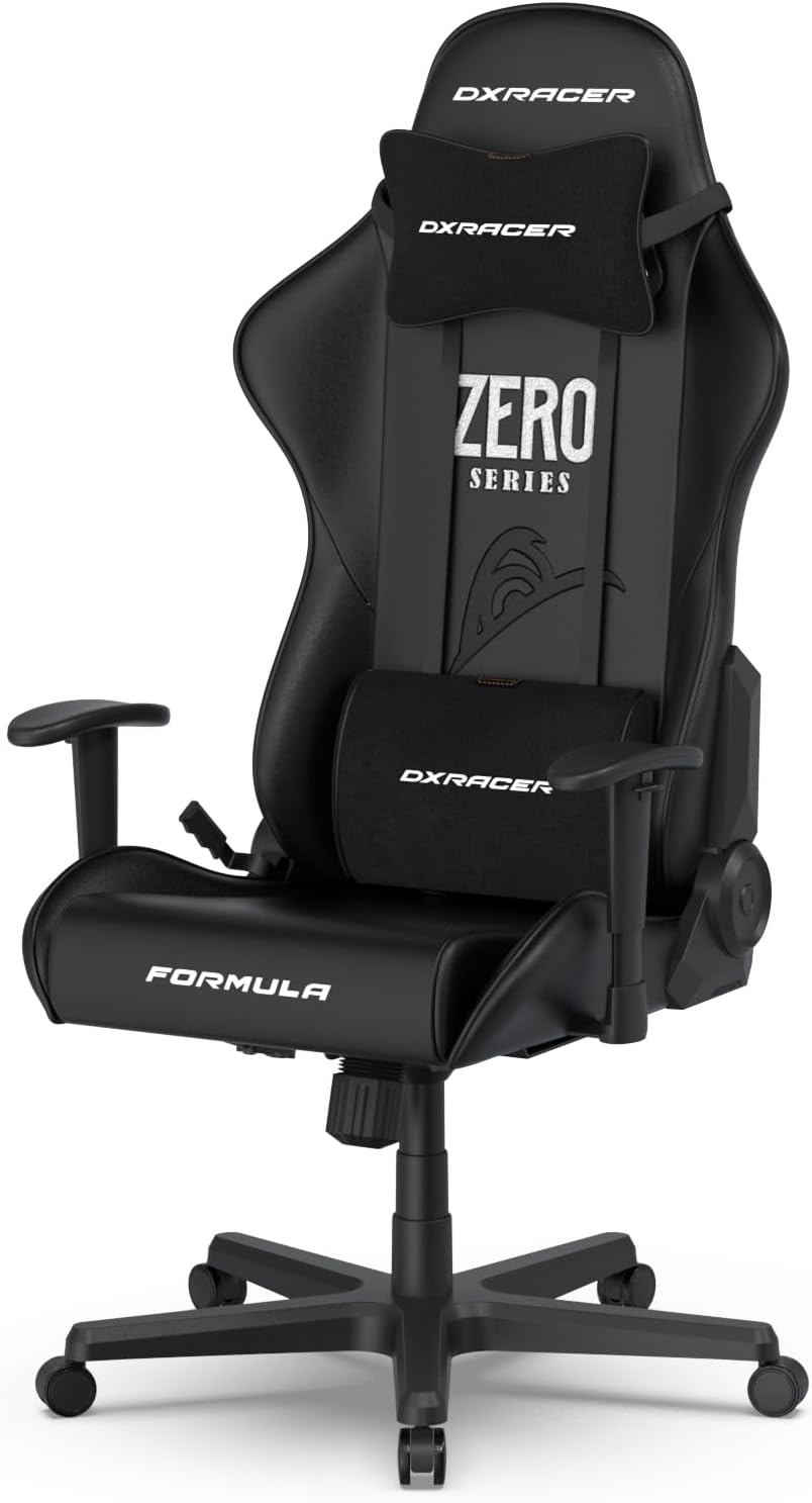 DXRacer Formula L Ergonomic Gaming Chair for Adults, Reclining Video Office Computer Chair with Lumbar Support and Headrest, Racing Style Height Adjustable (PVC Synthetic Leather, Zero)