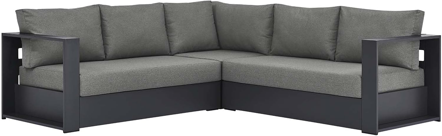 Modway Tahoe Aluminum 3-Piece Outdoor Patio Furniture Gray Charcoal, Modular Sectional Sofa Set with Weather-Resistant Cushions, Ideal for Deck, Backyard Poolside