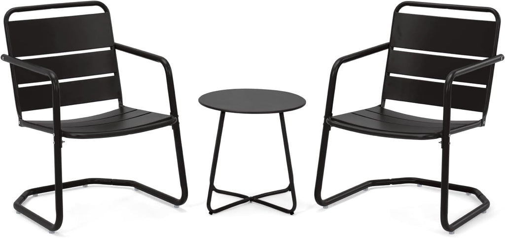 MELLCOM 3 Piece Patio Set, Small Patio Furniture Set - 2 C-Spring Metal Chairs with Round Side Table, Outdoor Bistro Set for Balcony, Front Porch, Poolside, Garden, Deck, Black