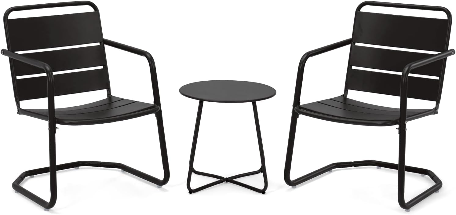 MELLCOM 3 Piece Patio Set, Small Patio Furniture Set - 2 C-Spring Metal Chairs with Round Side Table, Outdoor Bistro Set for Balcony, Front Porch, Poolside, Garden, Deck, Black