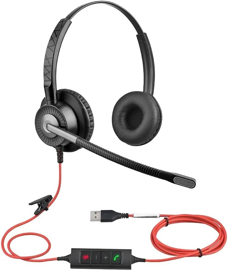 ENCASED (Bulk 500-Count) Wired PC/Laptop Headset, Noise-Cancelling Mic, USB-A, in-Line Controls, for Meetings, Gaming, Music - Black/Red