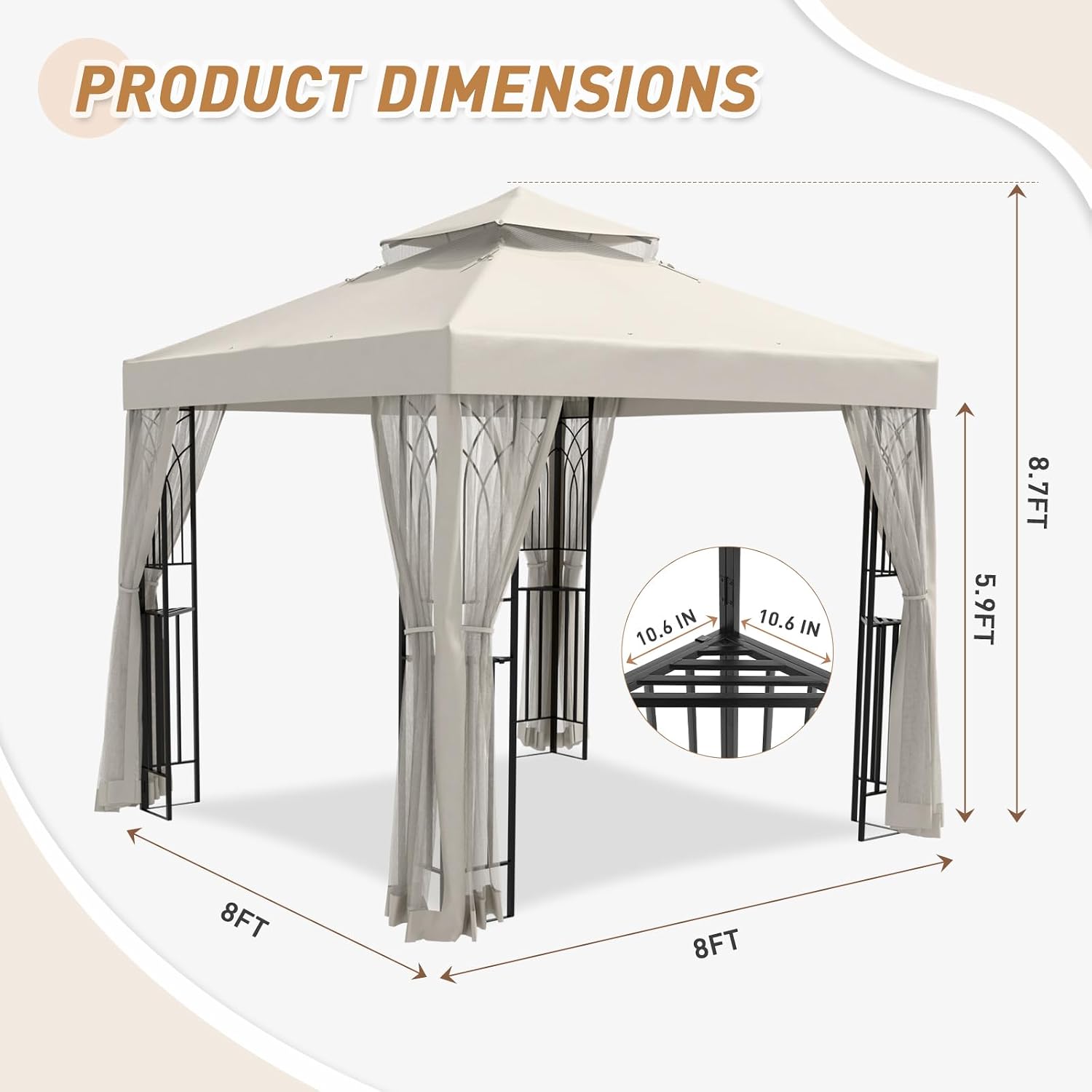 8x8 Outdoor Gazebo Tent with Netting and Corner Shelves, Double Roof Patio Gazebo with Soft Fabric Top, Outdoor Pavilion for Backyard Patio Garden Lawn, Beige