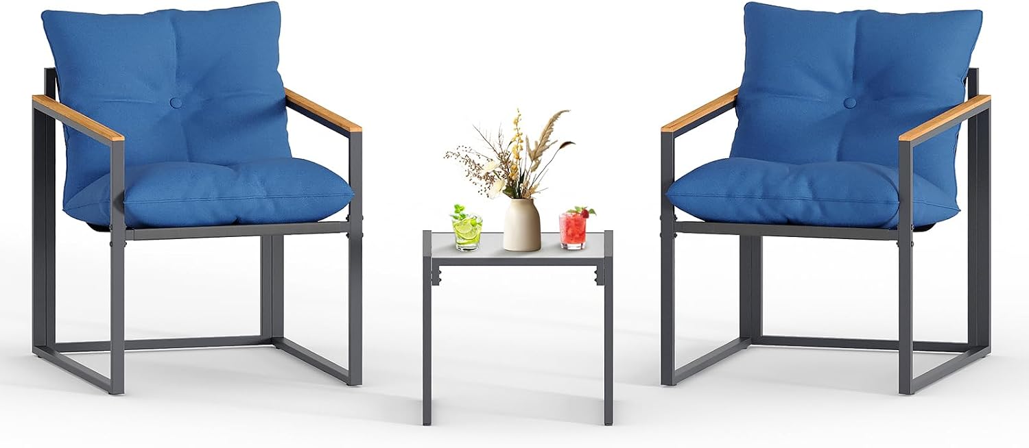 3 Piece Patio Bistro Set Outdoor - Small Space Balcony Furniture with 2 Cushioned Chairs & Coffee Table, Rust-Proof Metal Frame, Breathable Textilene, Modern Porch Deck Set (Blue)