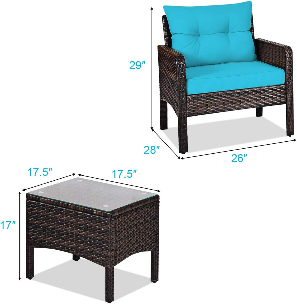 Tangkula 3 Piece Wicker Chairs with Glass Top Coffee Table, Thick Cushions, All Weather Garden Lawn Poolside Backyard Porch Outdoor Patio Furniture Set for 2 (Turquoise)