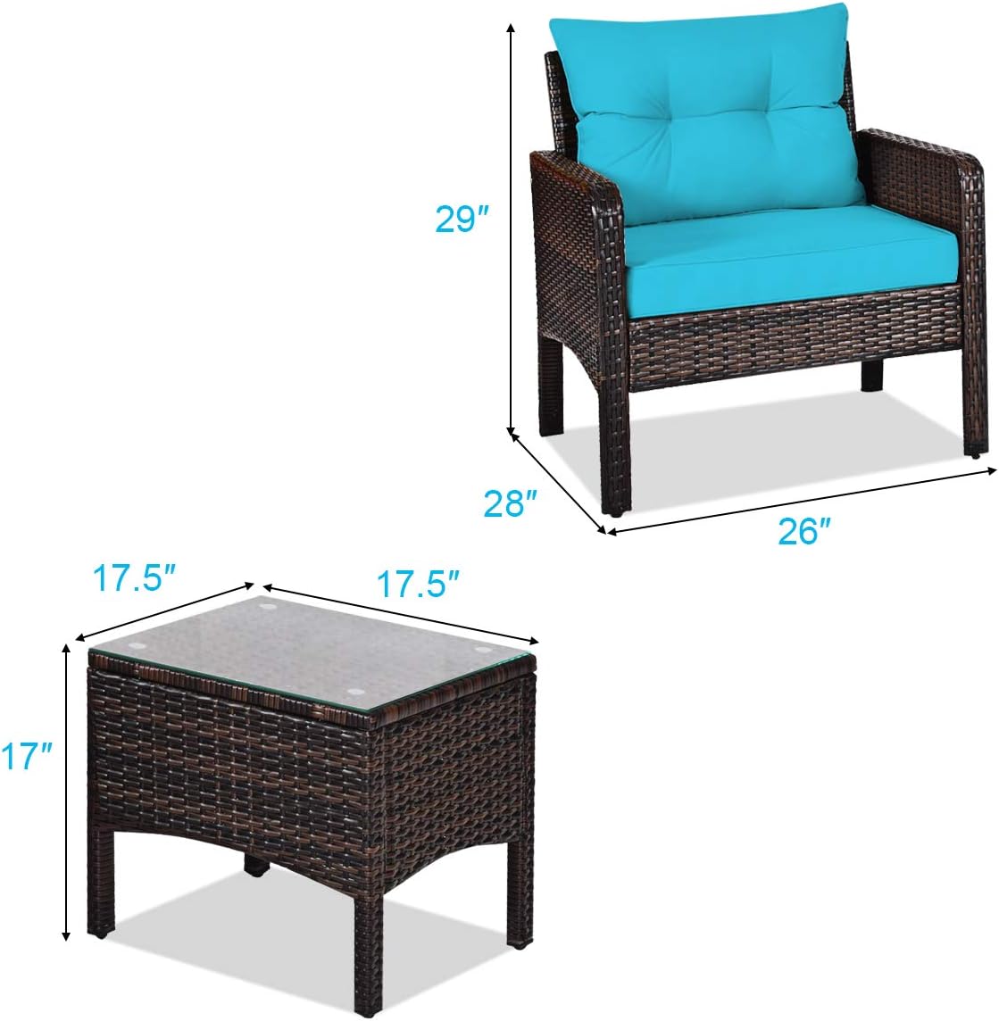 Tangkula 3 Piece Wicker Chairs with Glass Top Coffee Table, Thick Cushions, All Weather Garden Lawn Poolside Backyard Porch Outdoor Patio Furniture Set for 2 (Turquoise)