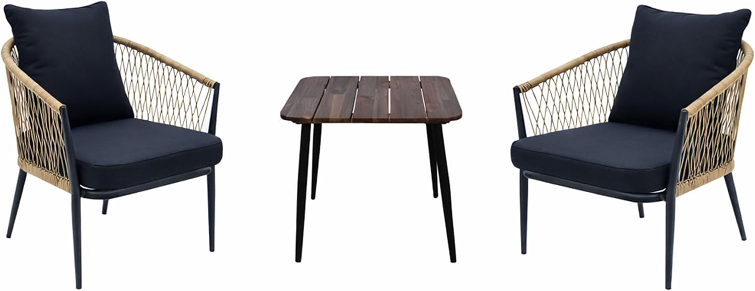 Alpine Corporation VTFAM166A 3-Piece Outdoor Patio Bistro Set – Wooden Accent Table & 2 Wicker Armchairs with Seat & Back Cushions – Modern Indoor/Outdoor Conversation Set, Natural & Black