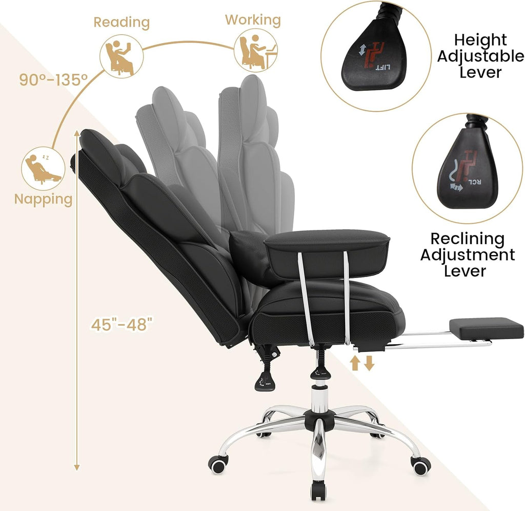 COSTWAY 400 LBS Big and Tall Office Chair, PU Leather Executive Desk Chair w/Retractable Footrest, Reclining Function, Lumbar Support, Ergonomic High Back Home Computer Task Chair (Black)