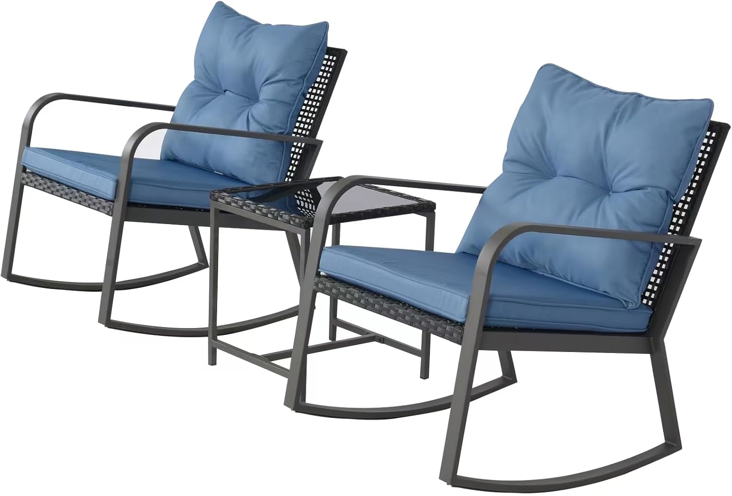 3 Piece Rocking Bistro Patio Set, Outdoor Rocking Chair, Outdoor Bistro Sets Wicker Patio Furniture Rocking Chairs Sectional Couch with Tempered Glass Top Coffee Table & Cushions, Dark Blue