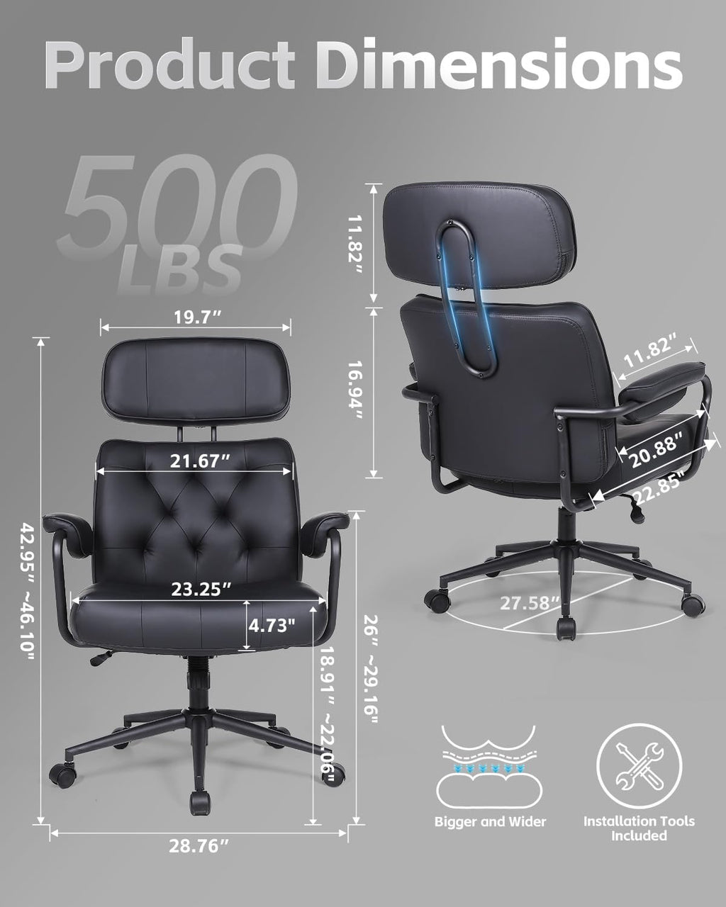 Big and Tall Office Chair 500lbs, Desk Chair Comfy, Oversized Computer Chair Extra Wide, Mid-Century Modern Chairs, PU Leather Heavy Duty, High Back Swivel Rocking Chairs with Wheels for Home, Black