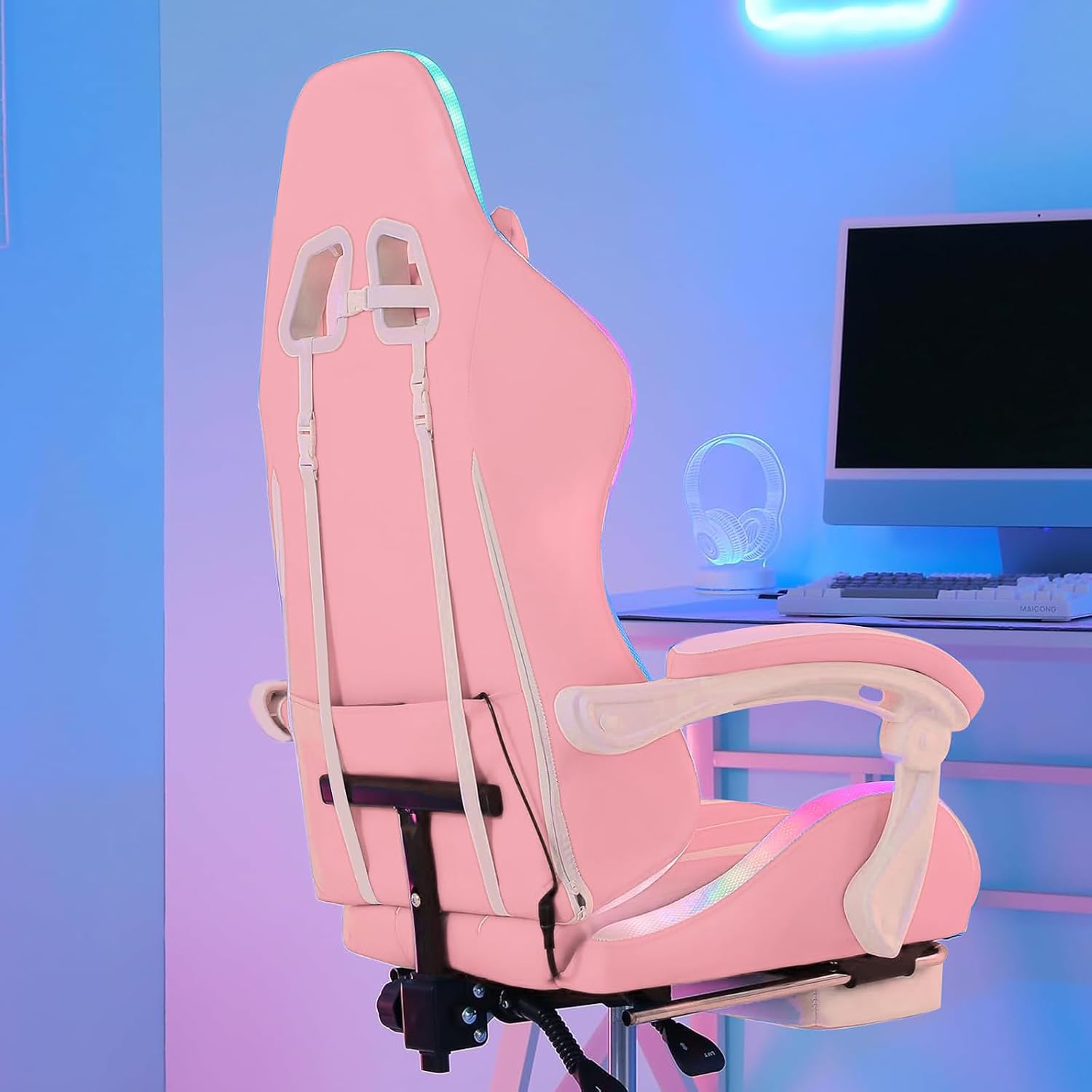 HOFFREE Gaming Chair with LED RGB Lights Massage Ergonomic Video Game Chairs with Footrest High Back Reclining Computer Chair with Adjustable Lumbar Support Pink and White