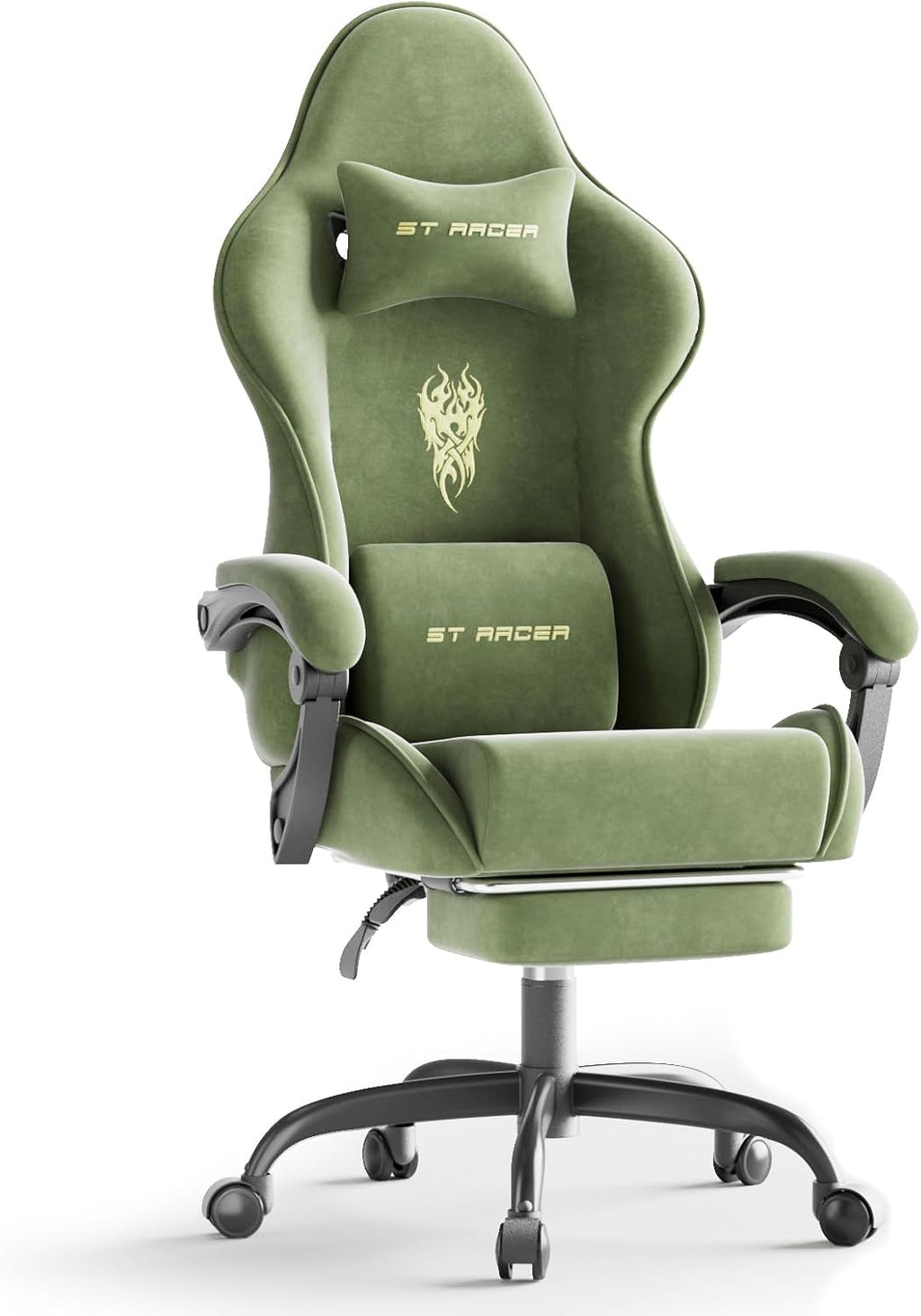 Ferghana Velvet Fabric Gaming Chair, High Back Ergonomic Gamer Chair for Adult, Comfortable Video Game Chair with Footrest and Massage Lumbar Cushion, Racing Reclining Office Computer Desk Chair Green