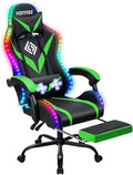 RGB Gaming Chair with LED Lights and Massage Ergonomic Computer Chair with Footrest High Back Video Game Chair with Adjustable Lumbar Support Linkage Armrest Green and Black