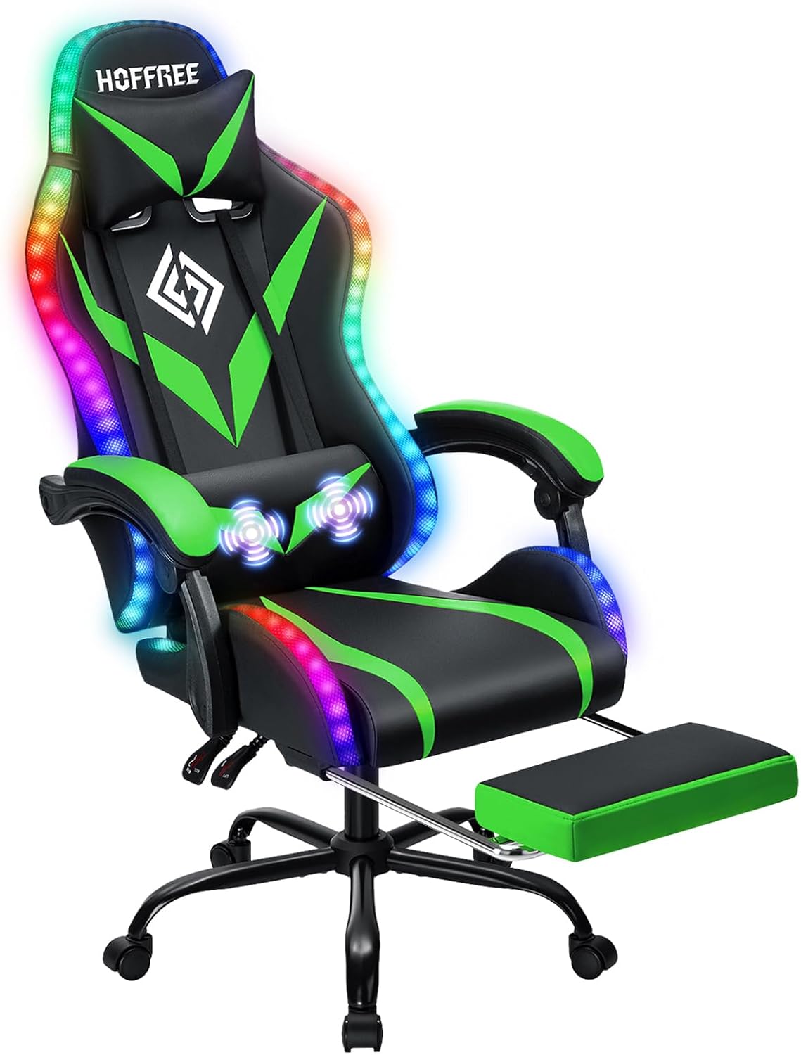 RGB Gaming Chair with LED Lights and Massage Ergonomic Computer Chair with Footrest High Back Video Game Chair with Adjustable Lumbar Support Linkage Armrest Green and Black