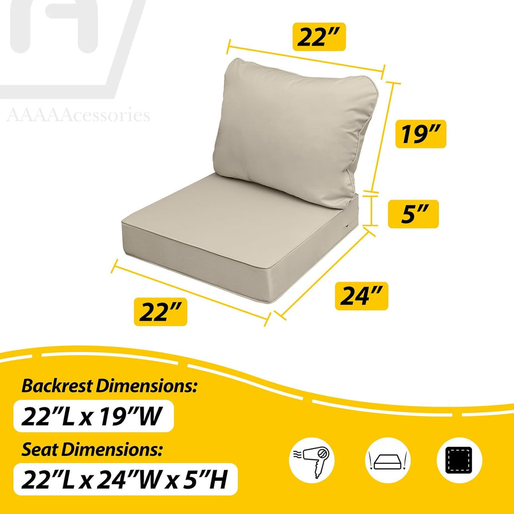 AAAAAcessories Outdoor Seat Cushions for Chairs, Fade-Resistant, Waterproof Patio Furniture Replacement Cushions, 22' x 24' x 5' + 22' x 19', Set of 4, Beige