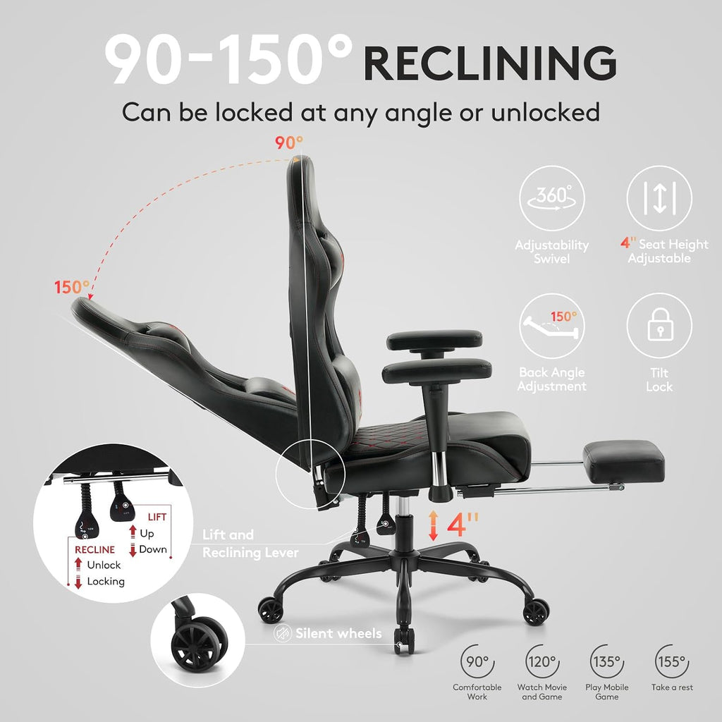 Gaming Chair,Computer Office Chair with Footrest,Massage Lumbar Support and Gel Pad,Ergonomic Reclining Leather Gamer Chair with Headrest,Adjustable Armrests and Spring Cushion Black Red