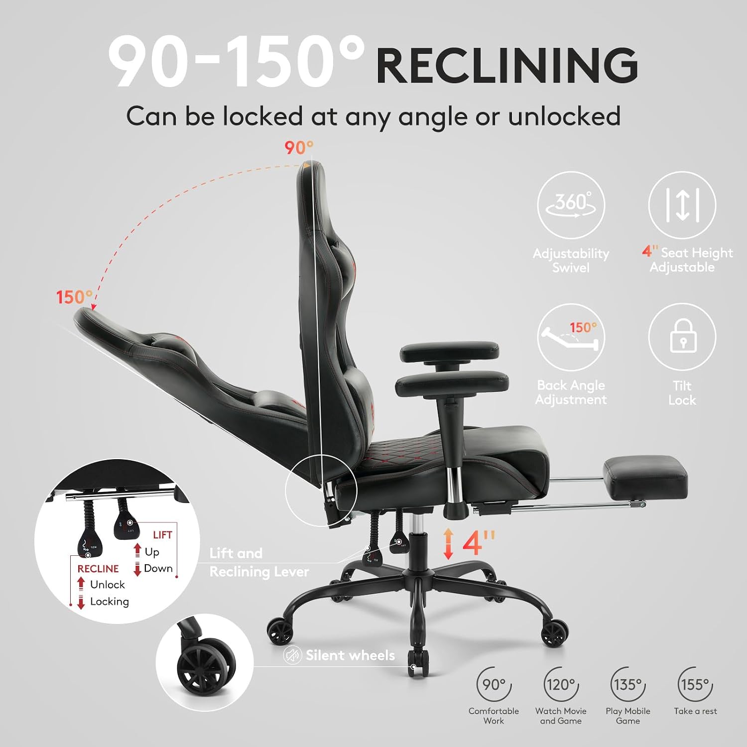 Gaming Chair,Computer Office Chair with Footrest,Massage Lumbar Support and Gel Pad,Ergonomic Reclining Leather Gamer Chair with Headrest,Adjustable Armrests and Spring Cushion Black Red