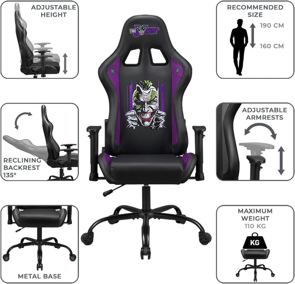 Joker - Gaming Chair or Office Chair, Adult Gamer Chair, Comfortable seat, Integrated headrest, Adjustable armrests and Height, Ergonomic backrest - Black