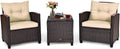 COSTWAY 3PCS Patio Furniture Set, PE Rattan Wicker Sofa w/Washable Cushion and Coffee Table, Tempered Glass Tabletop, Outdoor Conversation Set for Balcony, Porch, Yard, Backyard, Lawn, Beige
