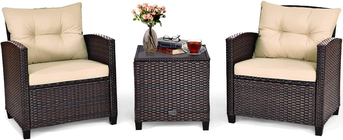 COSTWAY 3PCS Patio Furniture Set, PE Rattan Wicker Sofa w/Washable Cushion and Coffee Table, Tempered Glass Tabletop, Outdoor Conversation Set for Balcony, Porch, Yard, Backyard, Lawn, Beige