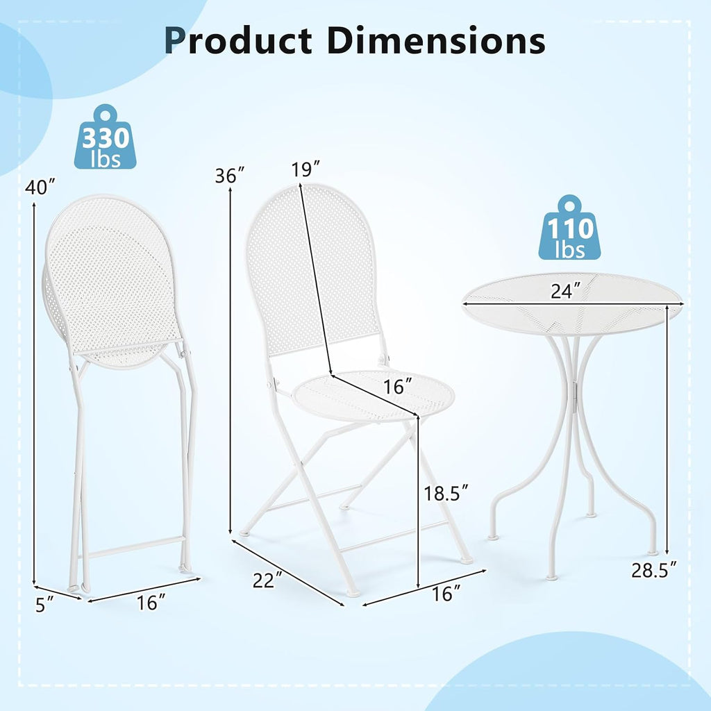 Tangkula 3 Pieces Patio Bistro Set, Metal Table and Folding Chair Set for 2, Outdoor Garden Furniture Set with Round Table & 2 Folding Chairs, Indoor Outdoor Bistro Set for Garden, Yard, Porch (White)